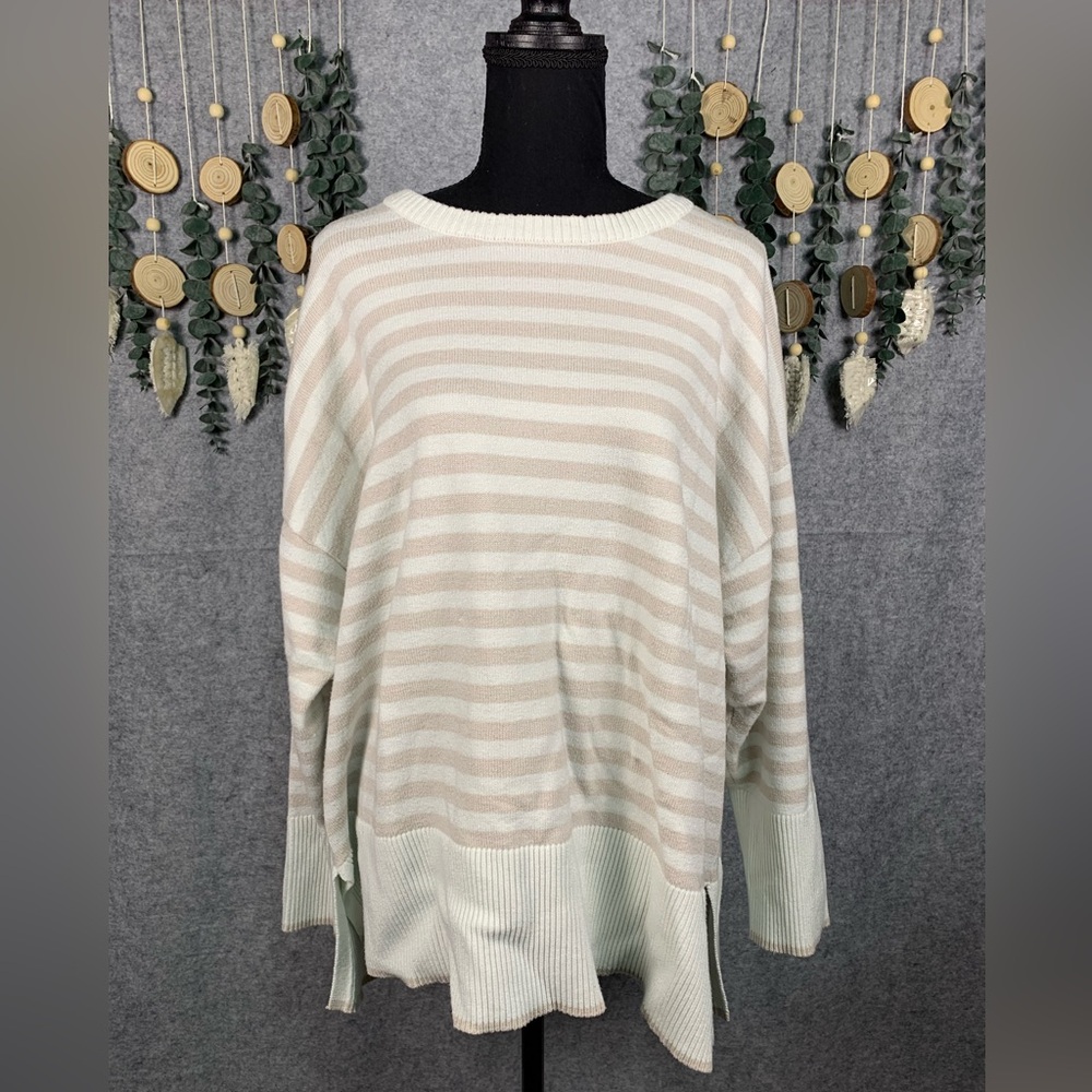 Tahari Beige and White Striped Sweater